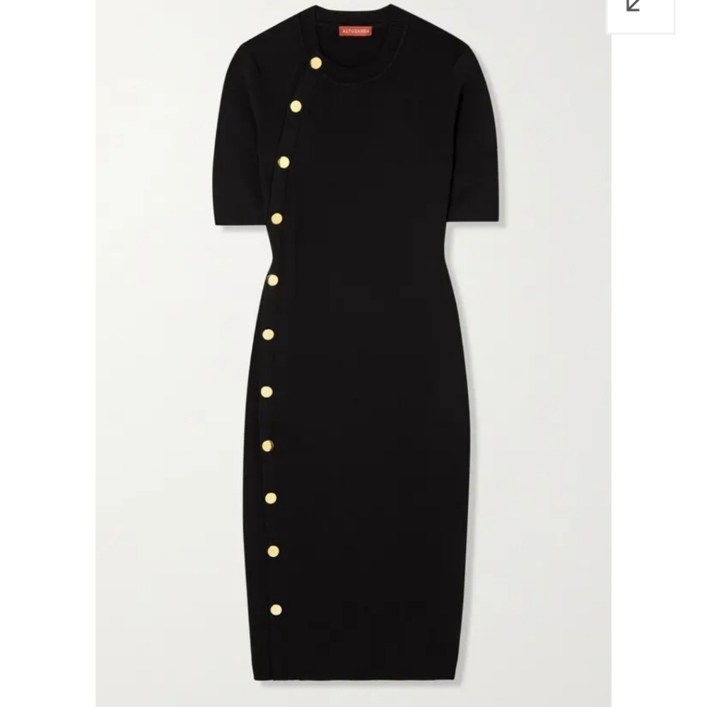 Altuzarra Core-8877 Minamoto Knit  Black Dress with Asymetrical Gold Buttons